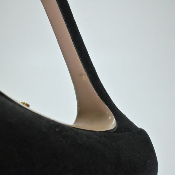 PRADA Heels Womens Size 36 Calzature Black Suede Gold Hardware Bow Milan Square - Picture 13 of 13